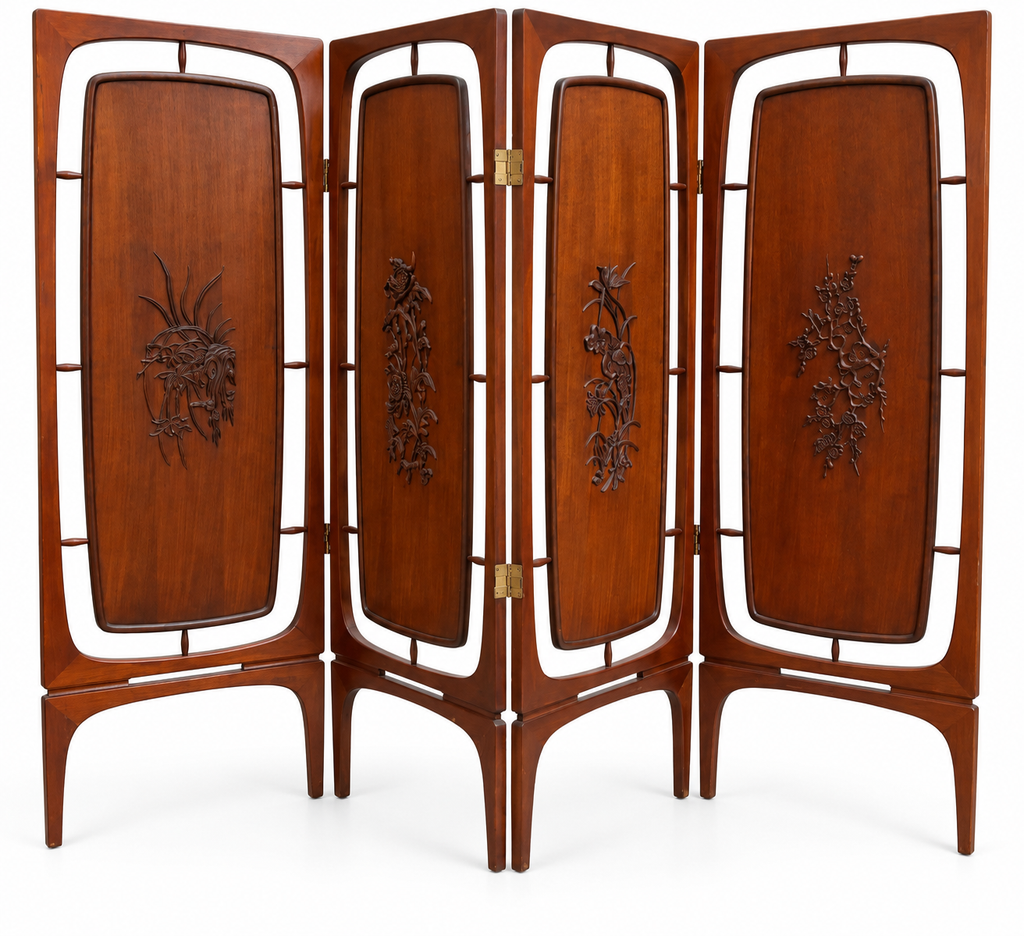 Vintage 1960s Mid-Century Modern Four-Panel Carved Rosewood Folding Screen / Room Divider