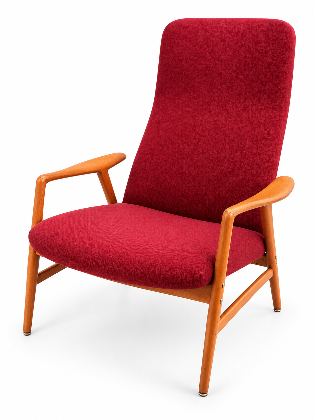 Mid-Century swedish Modern Oak Reclining Lounge Chair with Original Red Upholstery, c. 1960s