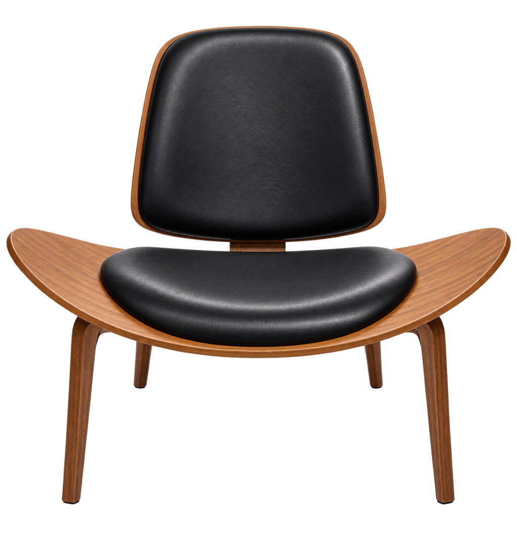 Mid-Century Modern Sculptural Walnut Shell Lounge Chair with Black Upholstery – Wegner Style