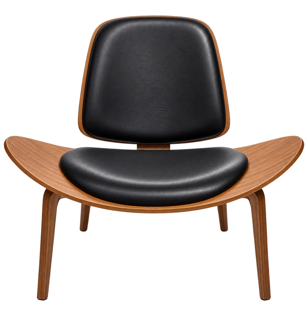 Mid-Century Modern Sculptural Walnut Shell Lounge Chair with Black Upholstery – Wegner Style