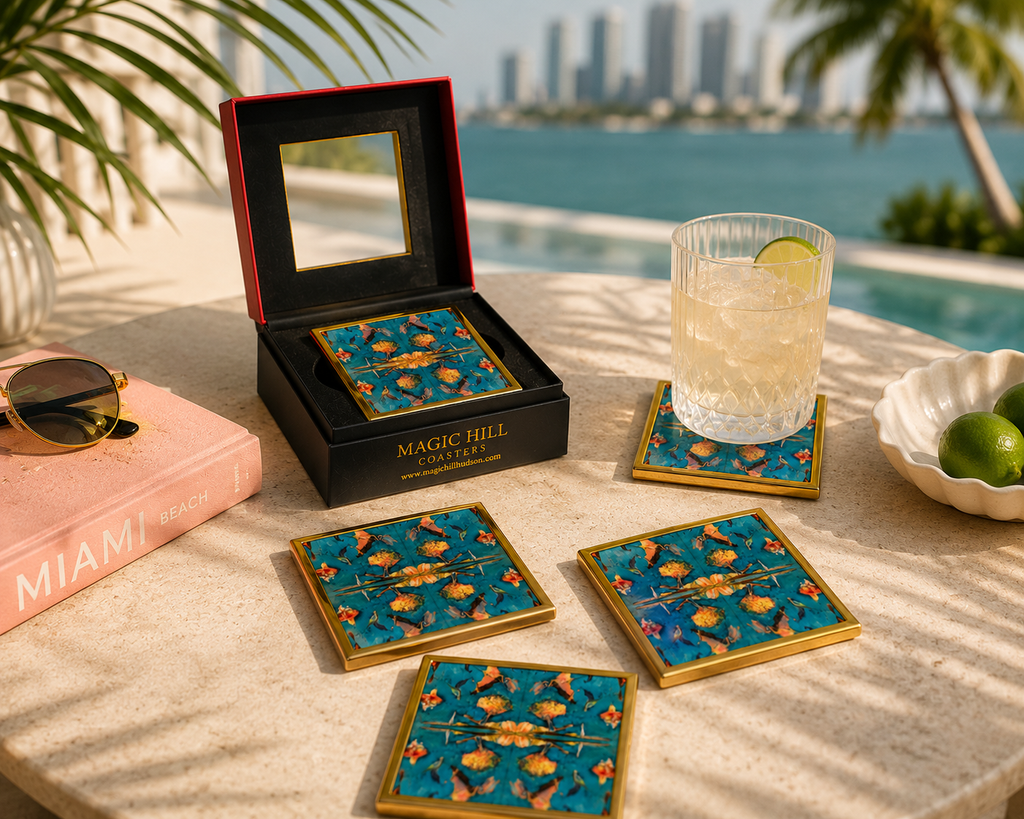 Bruce Mishell Art Coaster Set – 4 Ceramic Brass-Trim Coasters in Gift Box (Copy)