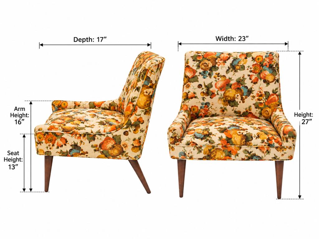 Pair of Mid-Century Modern Floral Lounge Chairs with Tapered Walnut Legs, 1960s