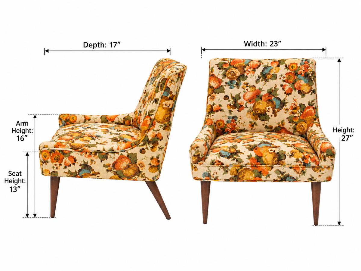 Pair of Mid-Century Modern Floral Lounge Chairs with Tapered Walnut Legs, 1960s