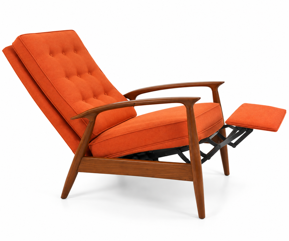 Mid-Century Modern Reclining Lounge Chair – Sculpted Wood Frame & Orange Upholstery