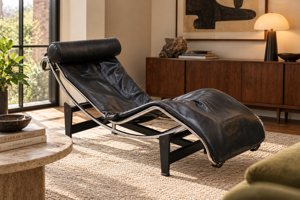 Vintage 1970s LC4 Style Black Leather & Chrome Chaise Lounge – Mid-Century Modern