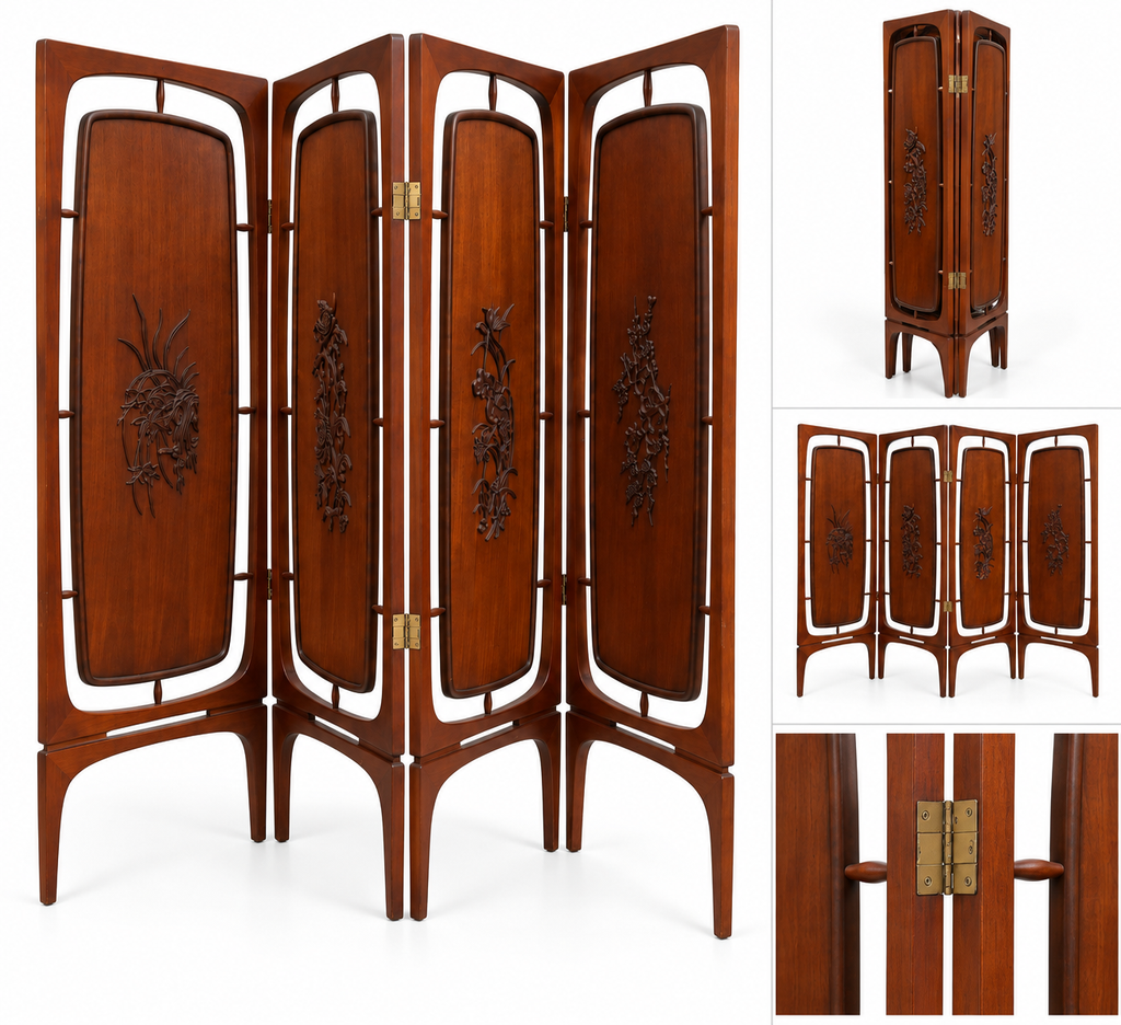 Vintage 1960s Mid-Century Modern Four-Panel Carved Rosewood Folding Screen / Room Divider