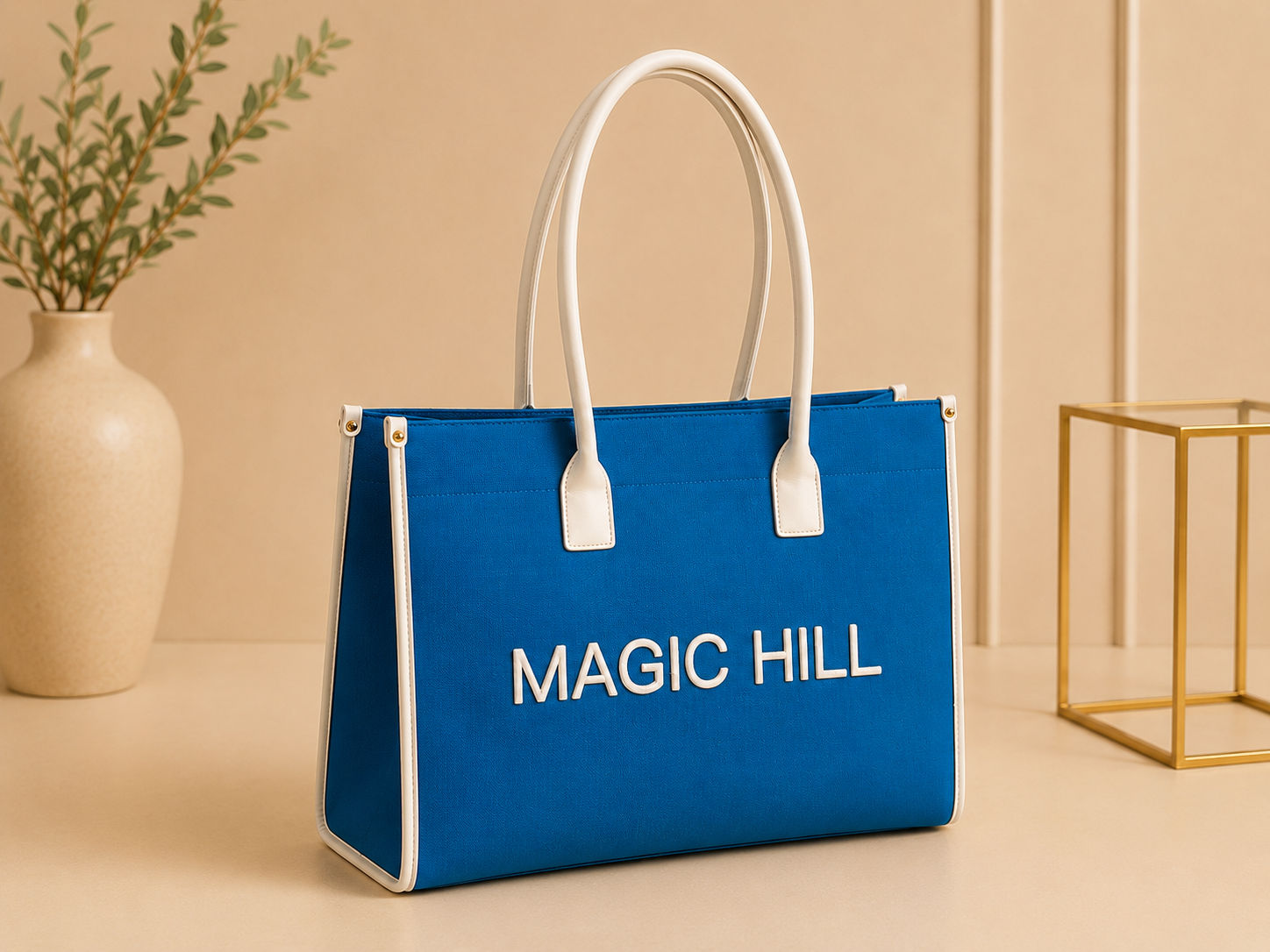 MAGIC HILL™ Bright Blue Canvas Tote Bag – Leather Handles & Silk-Lined Interior