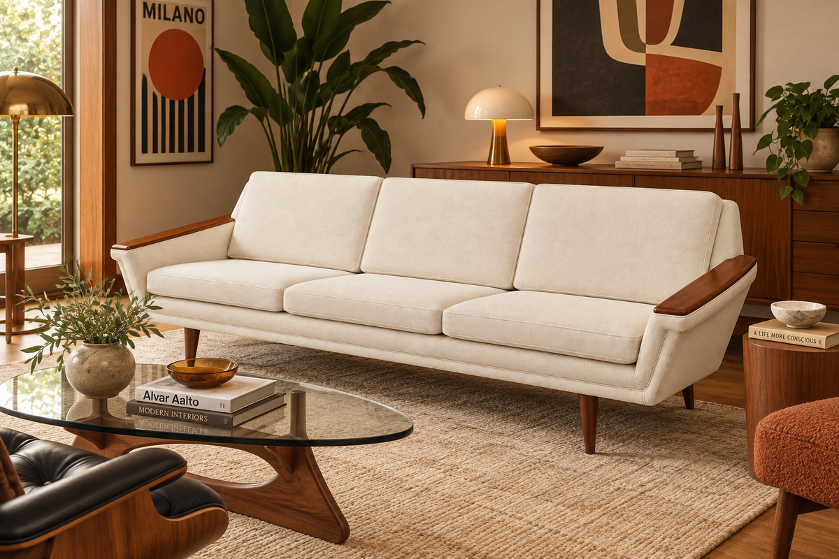 Vintage Mid-Century Modern Three-Seat Sofa with Cream Upholstery & Sculptural Walnut Arms – 1960s