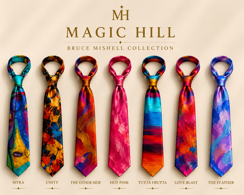 Bruce Mishell Art 100% Mulberry Silk Tie & Pocket Square Collection – 7 Exclusive Designs