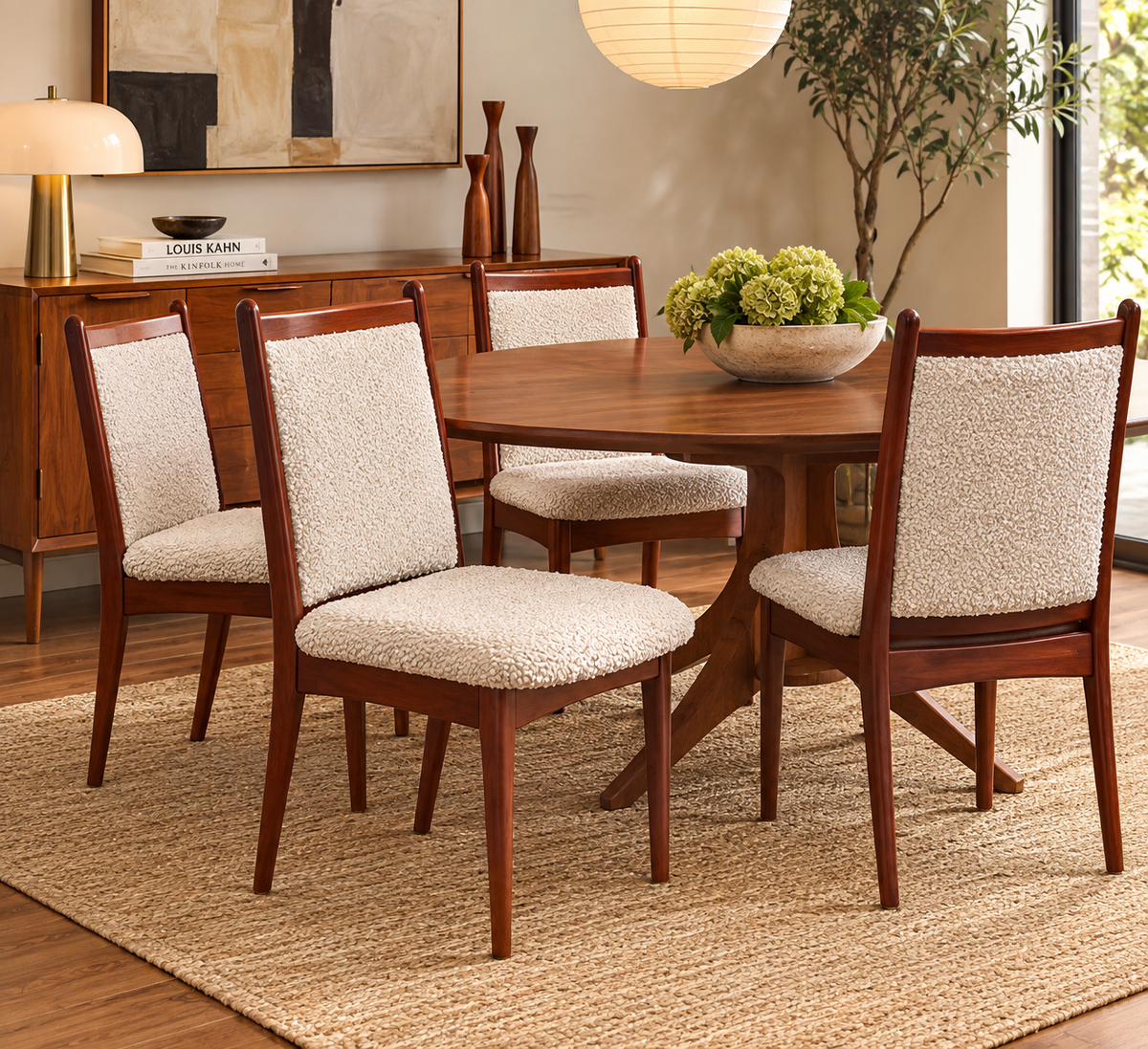 Set of 4 Mid-Century Modern Mahogany Dining Chairs with New Bouclé Upholstery, 1960s