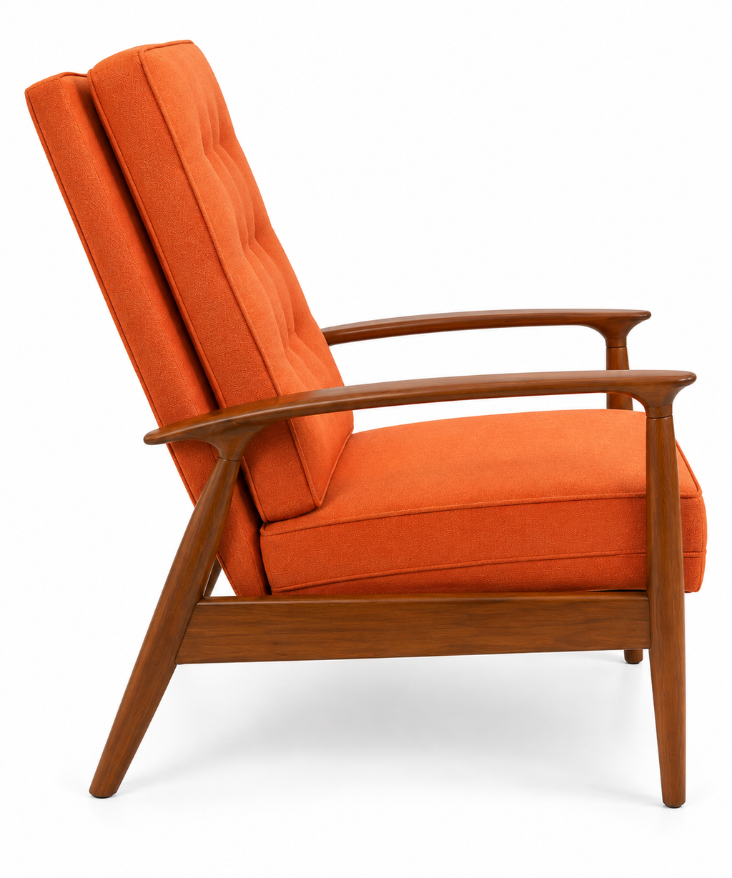 Mid-Century Modern Reclining Lounge Chair – Sculpted Wood Frame & Orange Upholstery