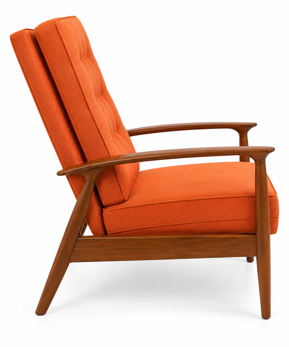 Mid-Century Modern Reclining Lounge Chair – Sculpted Wood Frame & Orange Upholstery