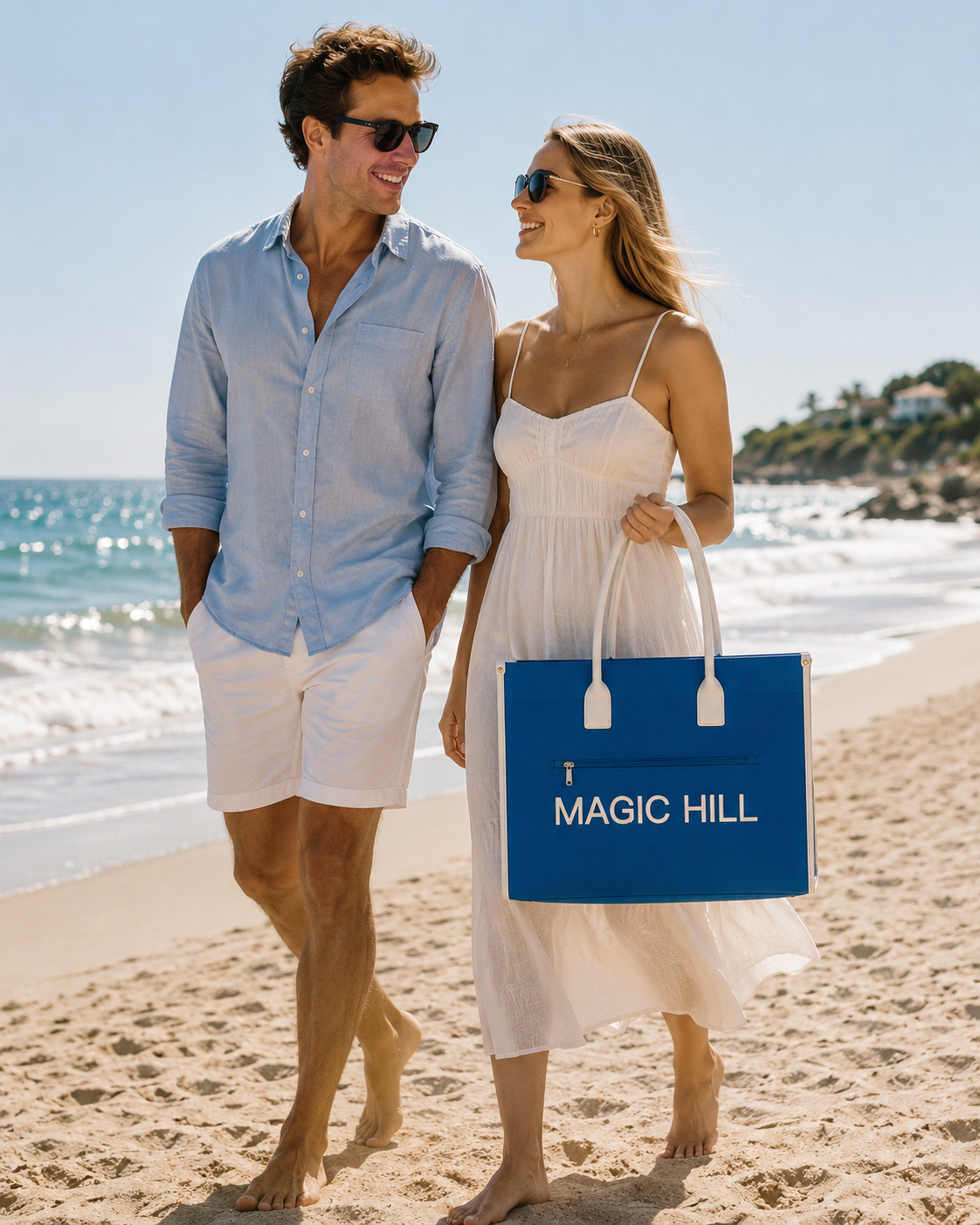 MAGIC HILL™ Bright Blue Canvas Tote Bag – Leather Handles & Silk-Lined Interior