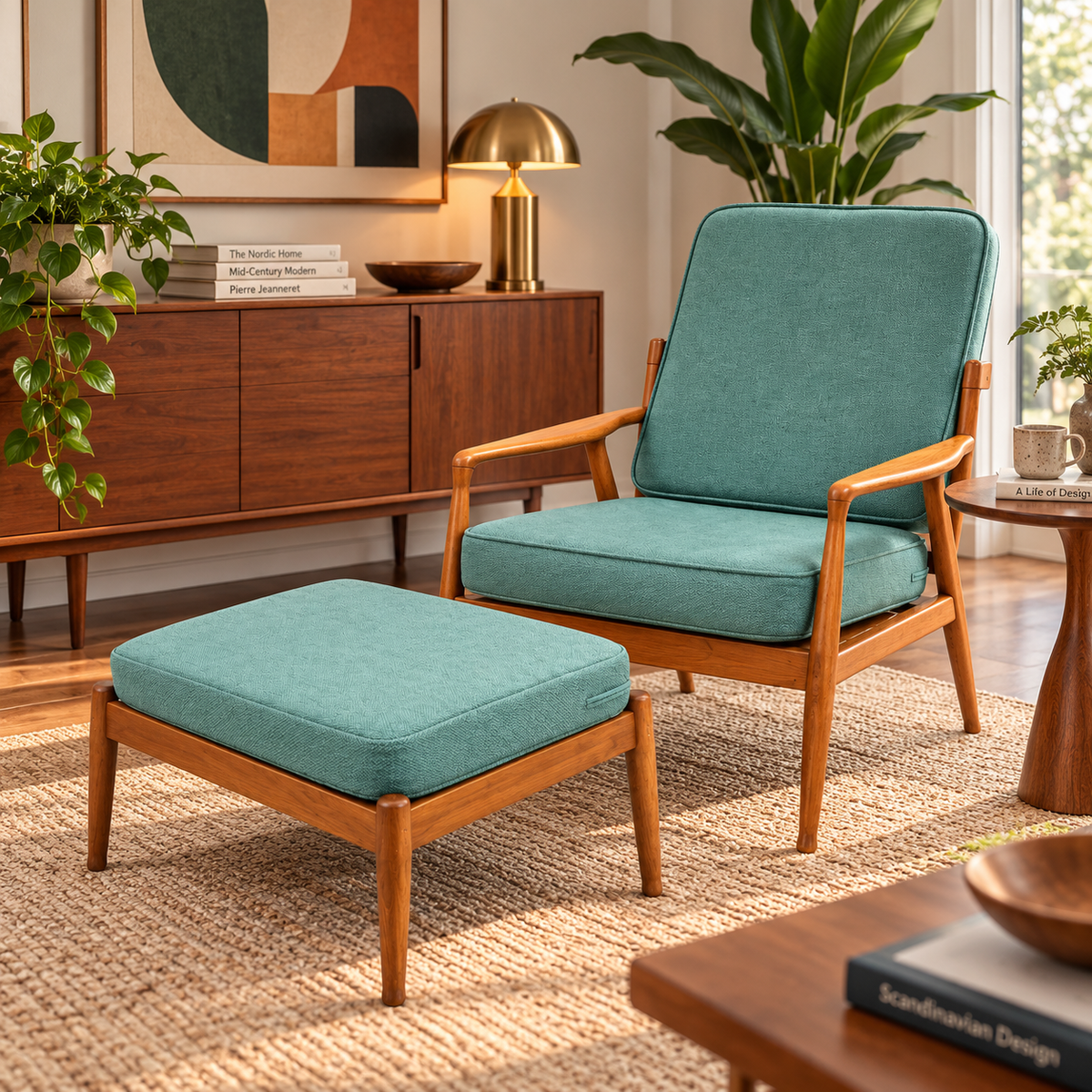 Mid-Century Scandinavian Reclining Lounge Chair & Ottoman, Oak, Original Green Upholstery, c. 1960s