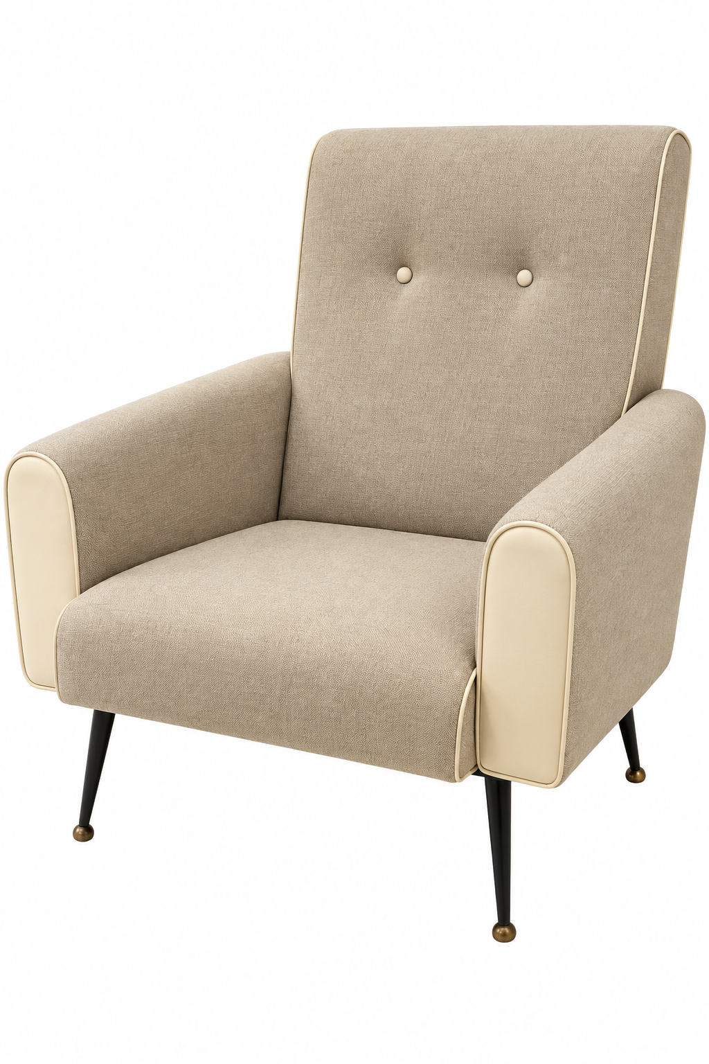 Italian Mid-Century Modern Lounge Chair – Gray Wool Upholstery & White Leather Piping, 1960s