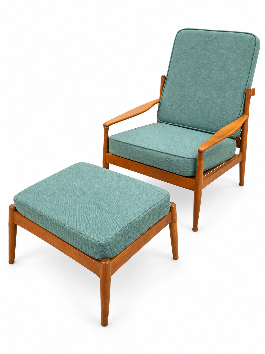 Mid-Century Scandinavian Reclining Lounge Chair & Ottoman, Oak, Original Green Upholstery, c. 1960s