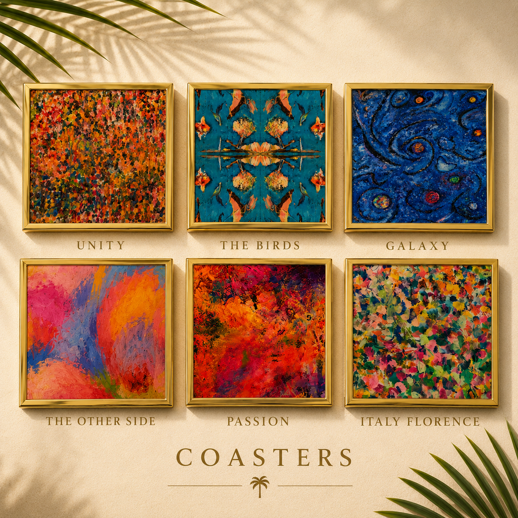 Bruce Mishell Art Coaster Set – 4 Ceramic Brass-Trim Coasters in Gift Box (Copy)