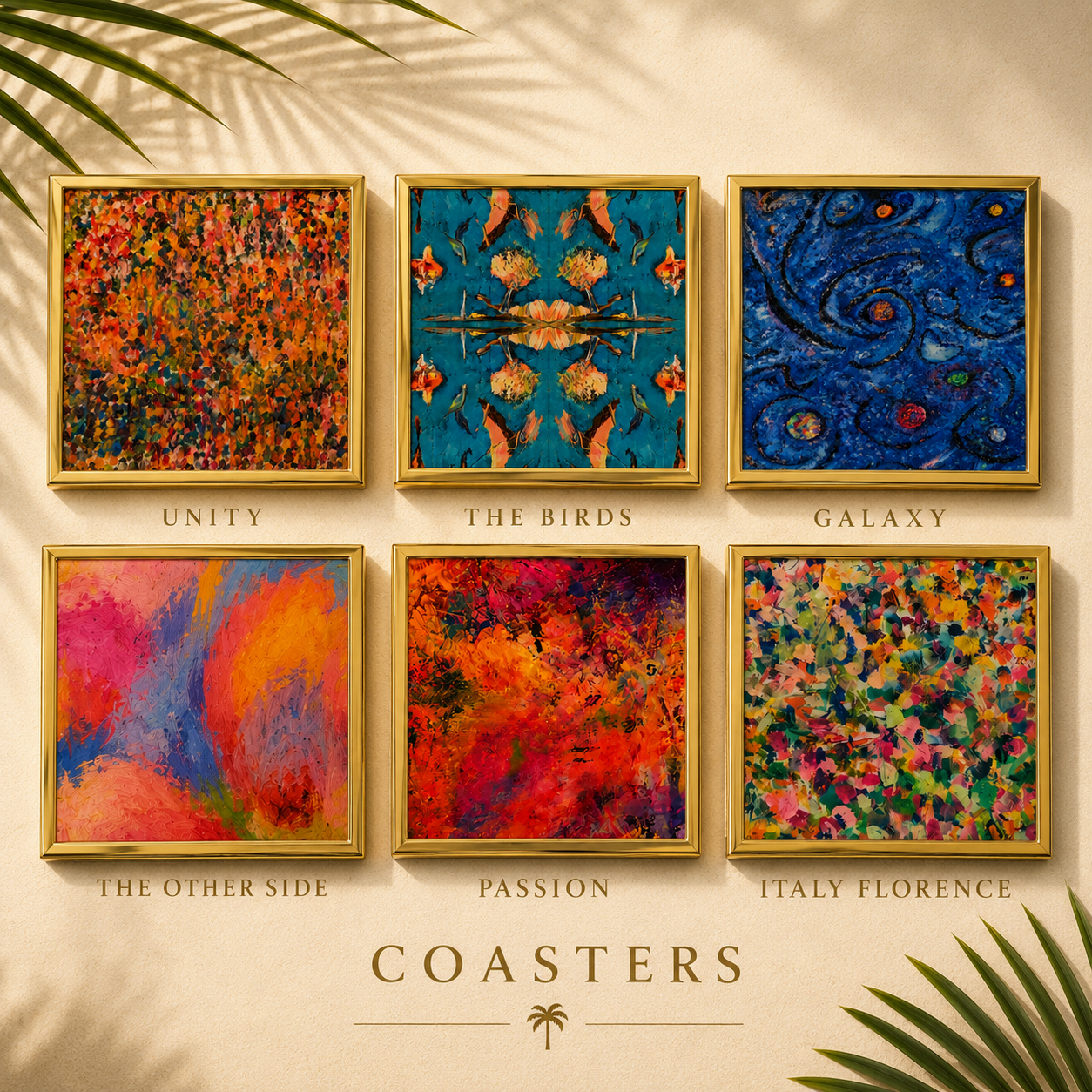 Bruce Mishell Art Coaster Set – 4 Ceramic Brass-Trim Coasters in Gift Box (Copy)