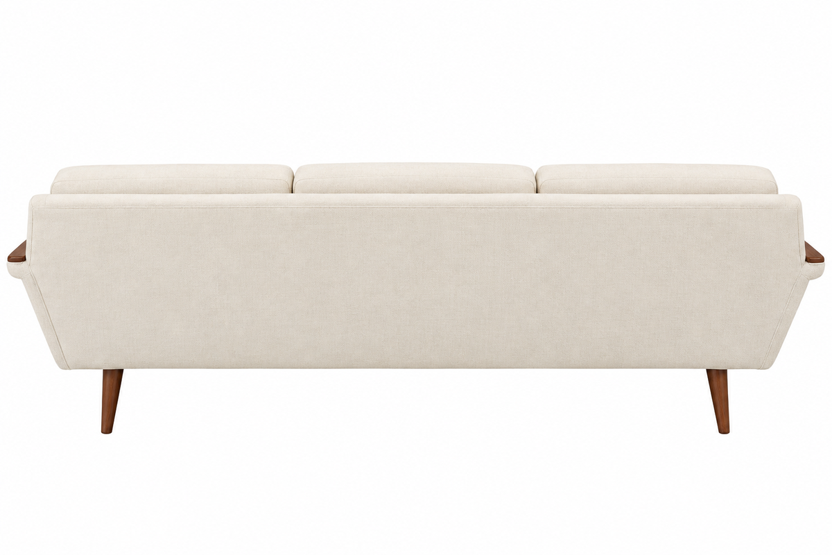 Vintage Mid-Century Modern Three-Seat Sofa with Cream Upholstery & Sculptural Walnut Arms – 1960s