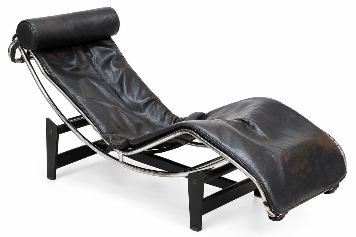 Vintage 1970s LC4 Style Black Leather & Chrome Chaise Lounge – Mid-Century Modern