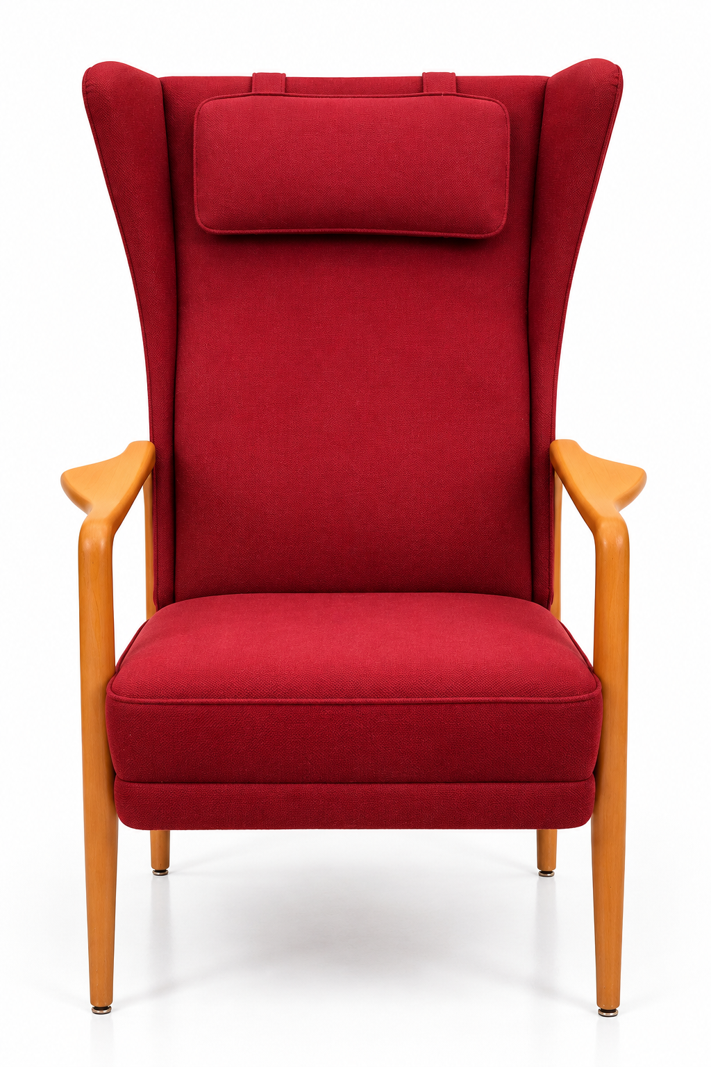 Mid-Century 1960s Scandinavian Modern High-Back Wing Lounge Chair – Original Red Upholstery & Sculpted Wood Arms
