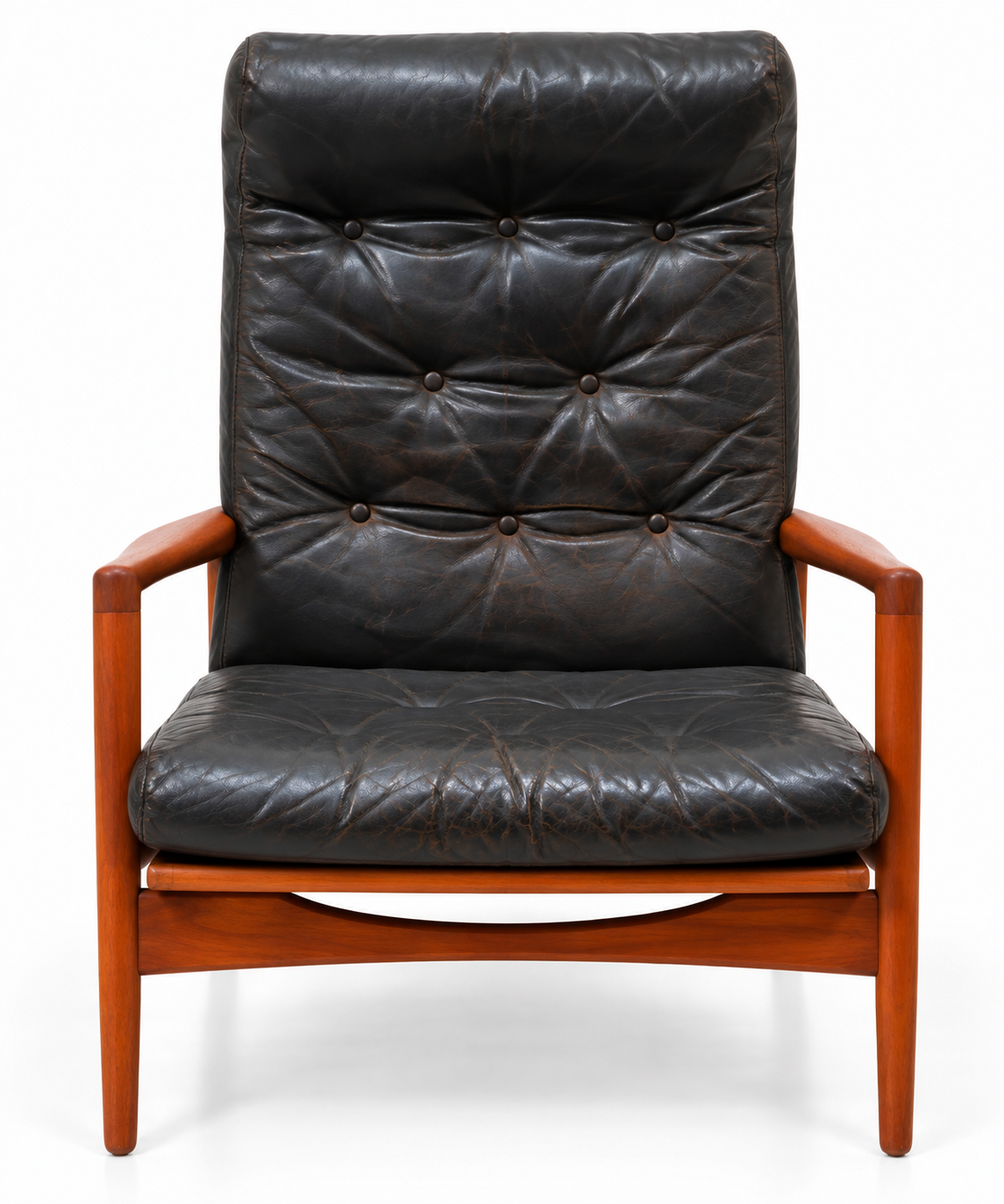 Mid-Century Ib Kofod-Larsen for Selig Danish Modern Teak High-Back Lounge Chair – Original Black Leather, 1960s