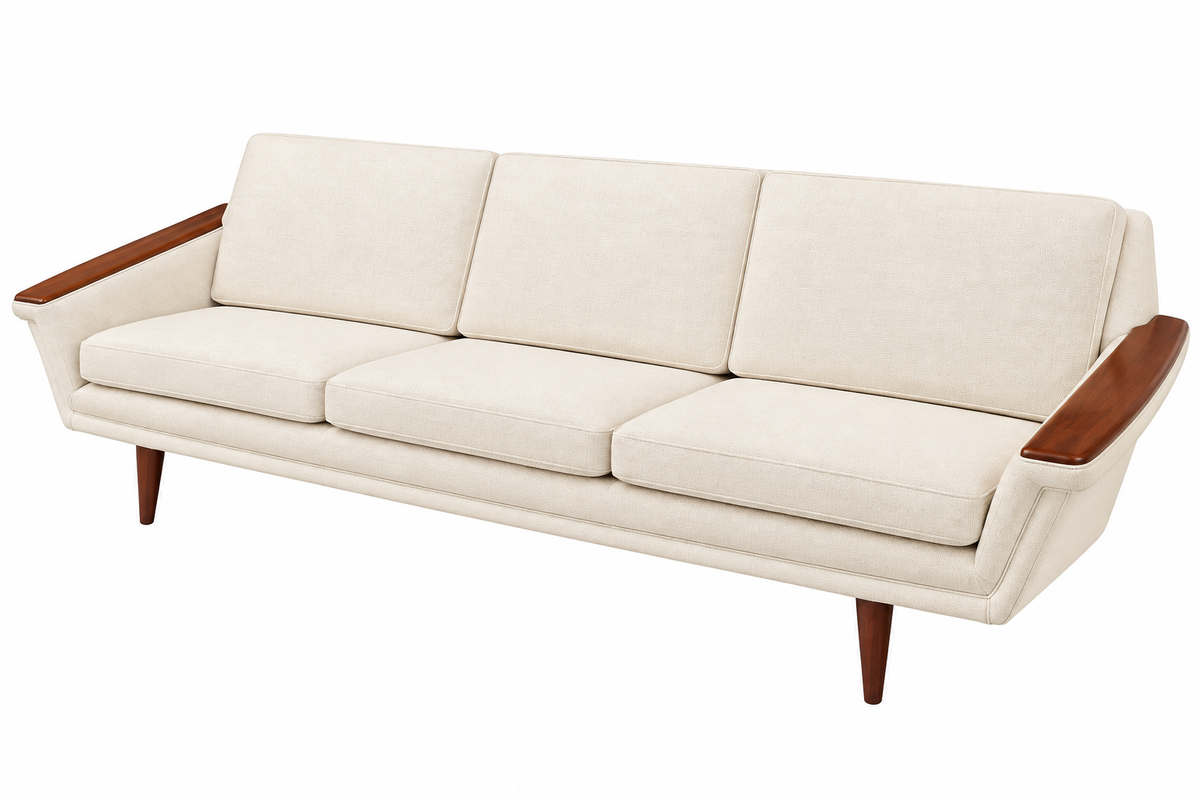 Vintage Mid-Century Modern Three-Seat Sofa with Cream Upholstery & Sculptural Walnut Arms – 1960s