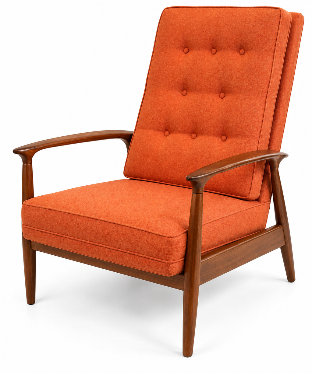 Mid-Century Modern Reclining Lounge Chair – Sculpted Wood Frame & Orange Upholstery