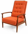 Mid-Century Modern Reclining Lounge Chair – Sculpted Wood Frame & Orange Upholstery