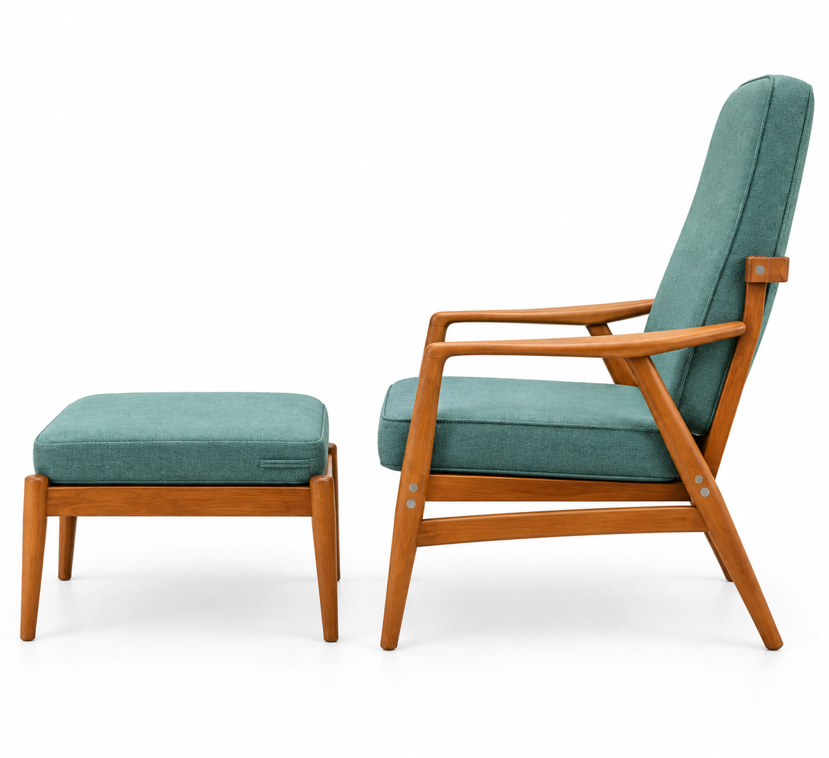 Mid-Century Scandinavian Reclining Lounge Chair & Ottoman, Oak, Original Green Upholstery, c. 1960s