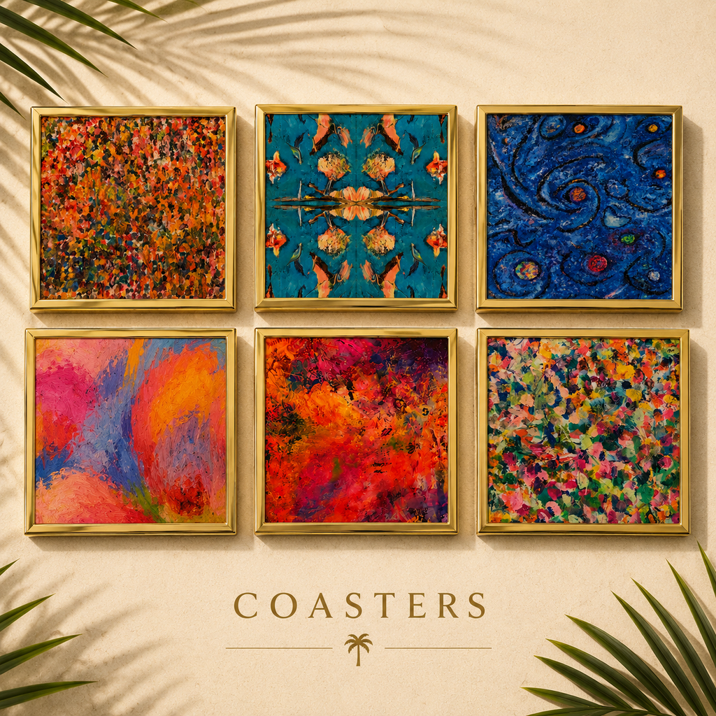 Bruce Mishell Art Coaster Set – 4 Ceramic Brass-Trim Coasters in Gift Box (Copy)