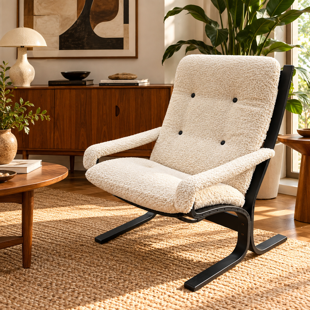 Curated 1960s Mid-Century Modern Ingmar Lounge Chair – Newly Upholstered in Ivory Bouclé