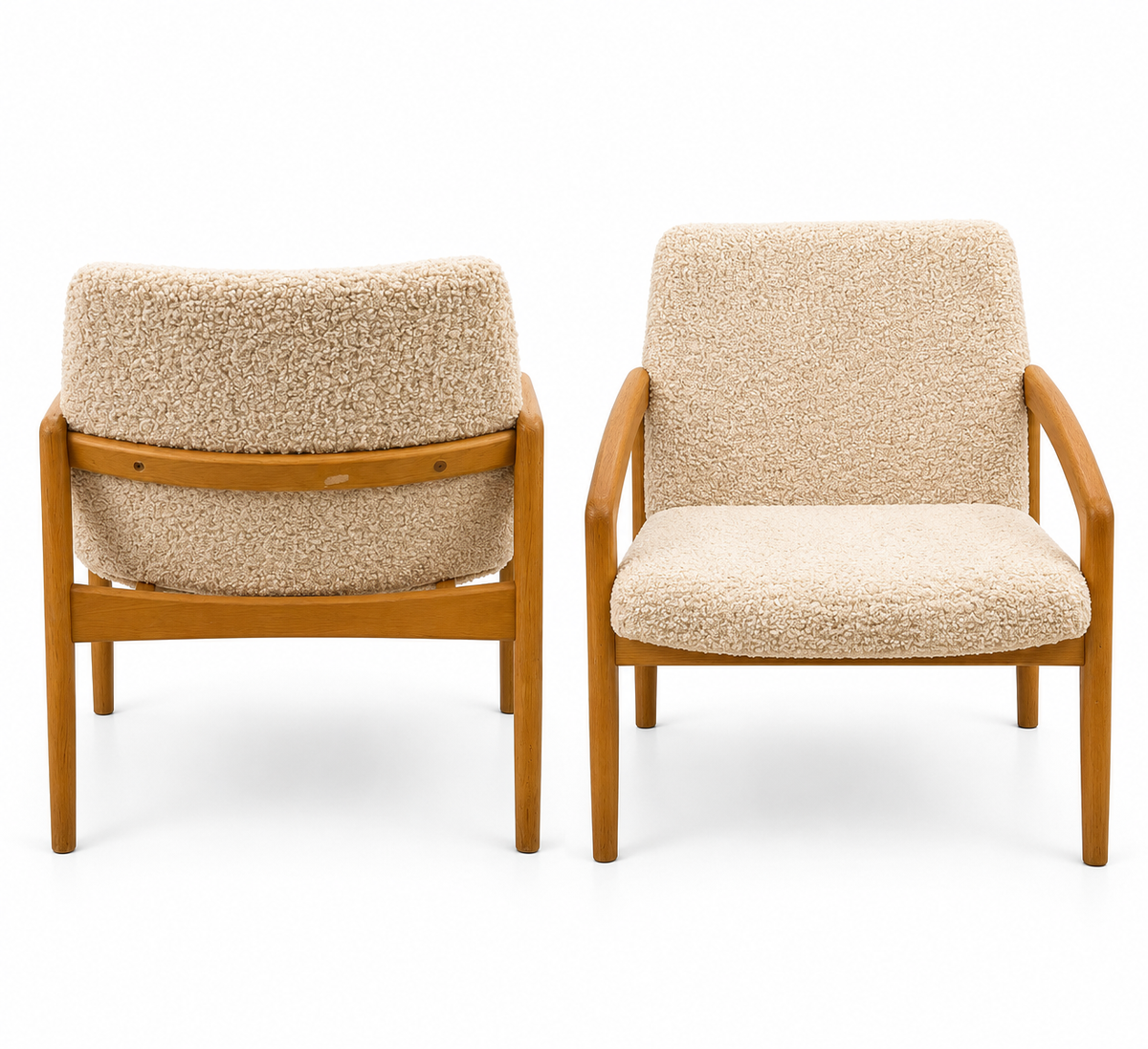 Pair of Authentic 1960s Mid-Century Scandinavian Oak Lounge Chairs – New Cream Bouclé Upholstery