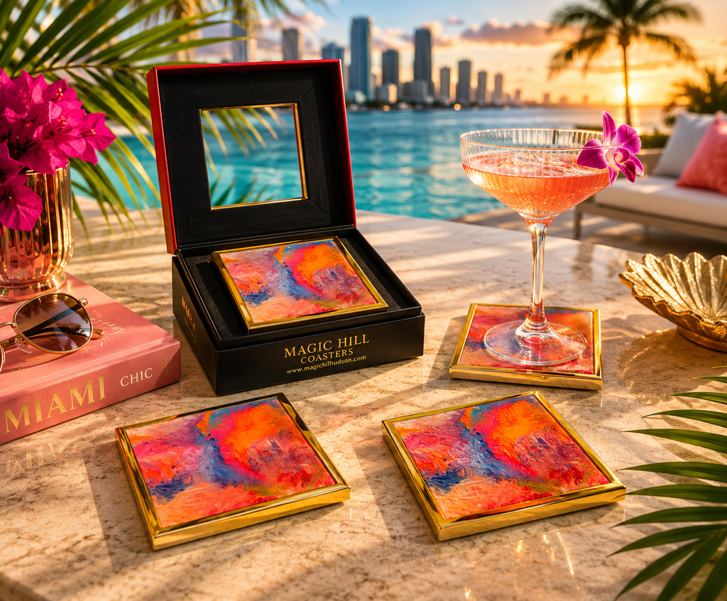 Bruce Mishell Art Coaster Set – 4 Ceramic Brass-Trim Coasters in Gift Box (Copy)