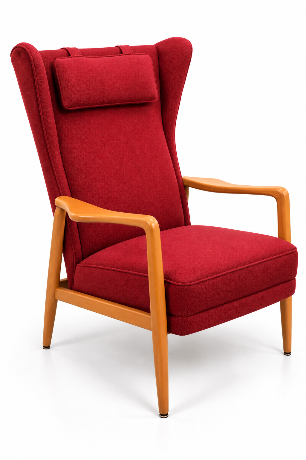 Mid-Century 1960s Scandinavian Modern High-Back Wing Lounge Chair – Original Red Upholstery & Sculpted Wood Arms