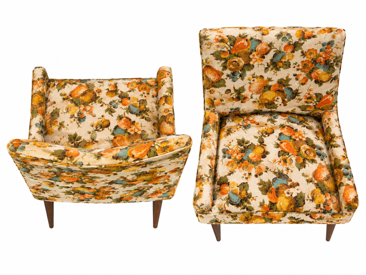 Pair of Mid-Century Modern Floral Lounge Chairs with Tapered Walnut Legs, 1960s