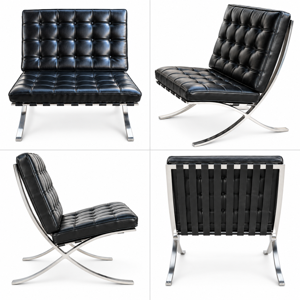 Vintage Mid-Century Barcelona Style Lounge Chair in Black Leather & Chrome, c. 1970s