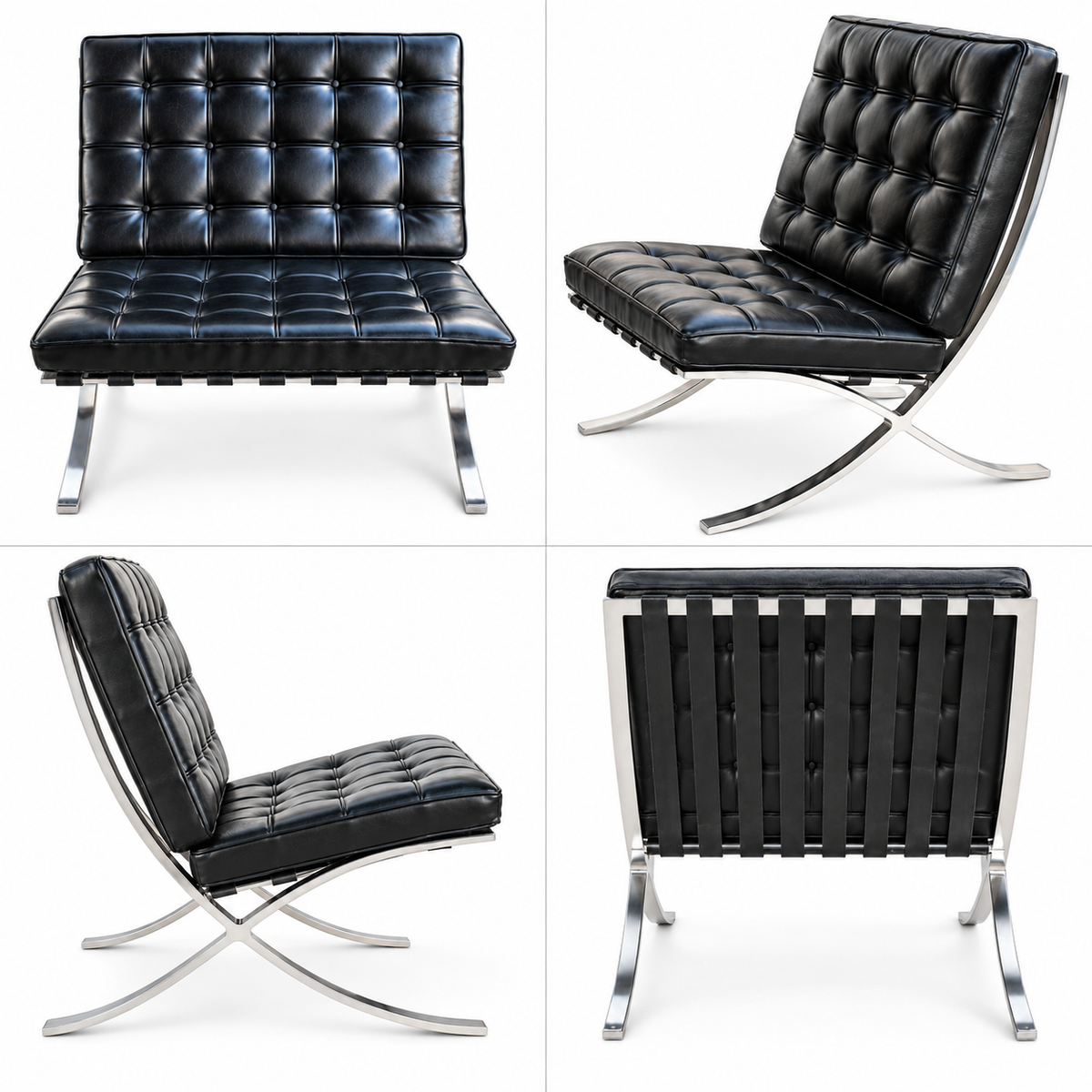 Vintage Mid-Century Barcelona Style Lounge Chair in Black Leather & Chrome, c. 1970s
