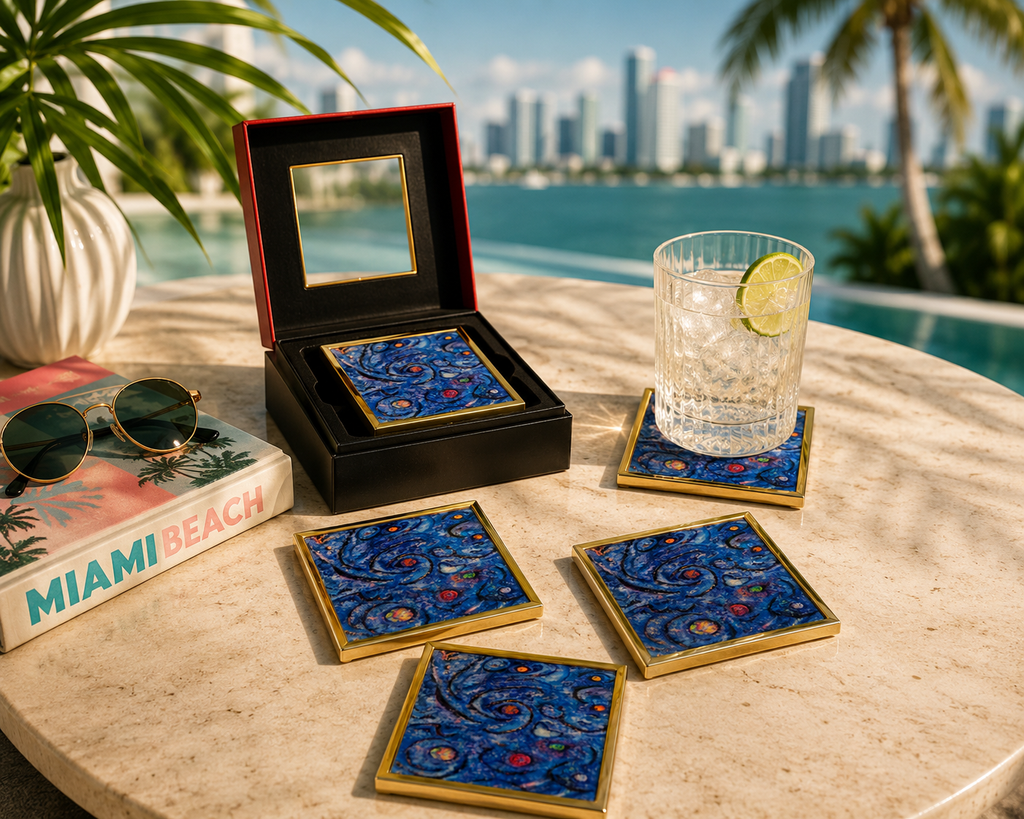 Bruce Mishell Art Coaster Set – 4 Ceramic Brass-Trim Coasters in Gift Box (Copy)