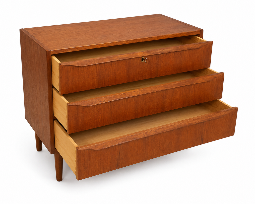 Mid Century Modern Teak Dresser: Danish 3-Drawer Low Chest with Key