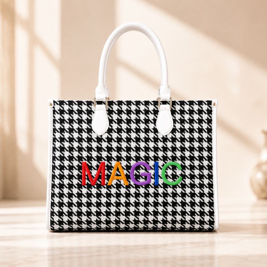 MAGIC HILL™ Houndstooth Vegan Leather Tote Bag – Multicolor MAGIC Designer Handbag