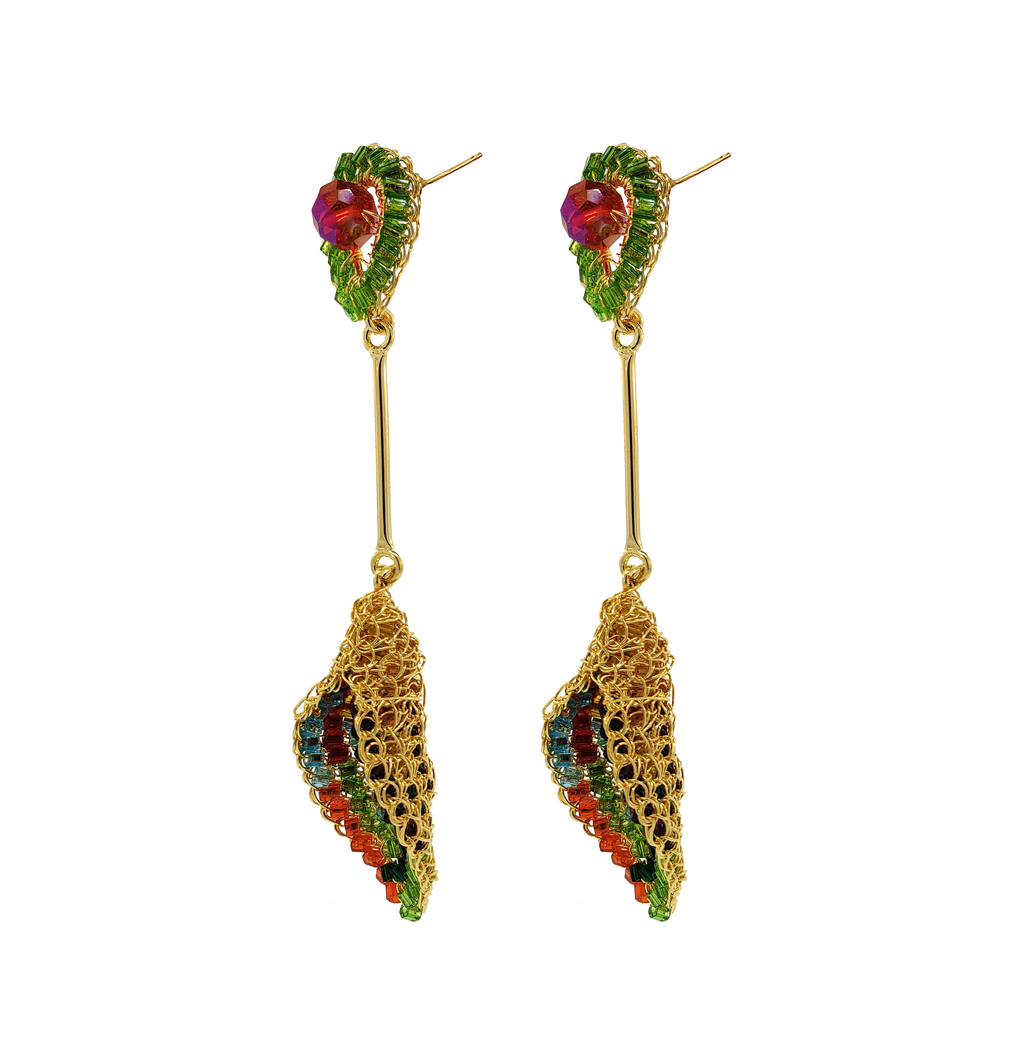 18K Gold-Filled Hand-Crocheted Tulip Earrings with Multicolor Crystals