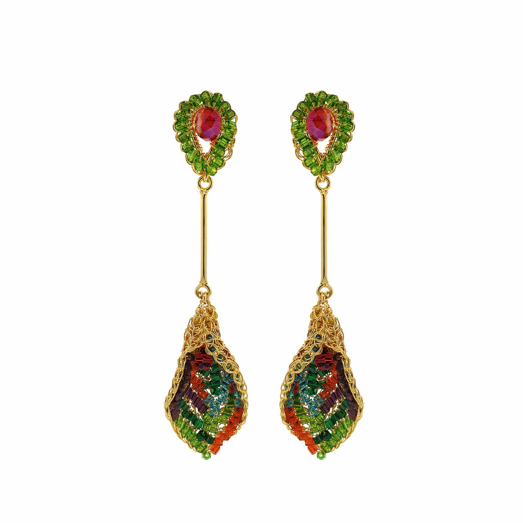 18K Gold-Filled Hand-Crocheted Tulip Earrings with Multicolor Crystals