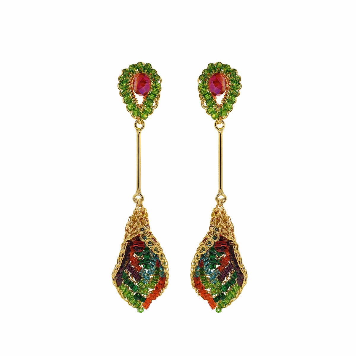 18K Gold-Filled Hand-Crocheted Tulip Earrings with Multicolor Crystals
