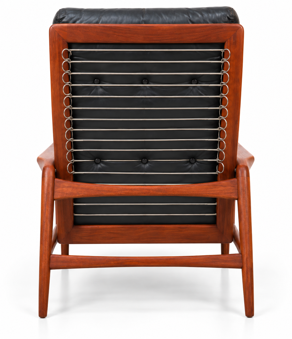 Mid-Century Ib Kofod-Larsen for Selig Danish Modern Teak High-Back Lounge Chair – Original Black Leather, 1960s