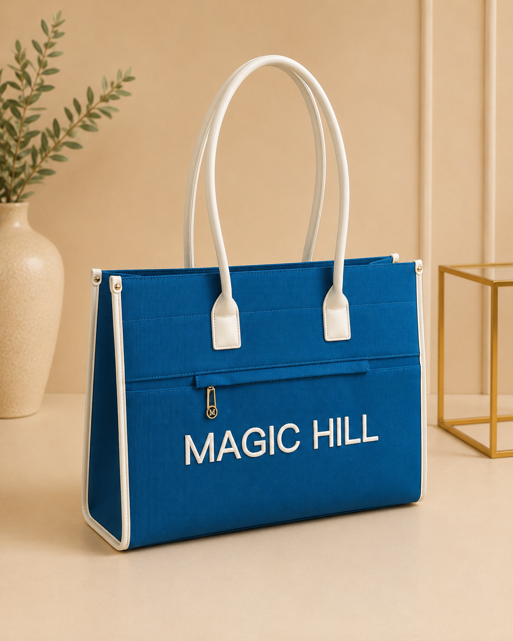 MAGIC HILL™ Bright Blue Canvas Tote Bag – Leather Handles & Silk-Lined Interior