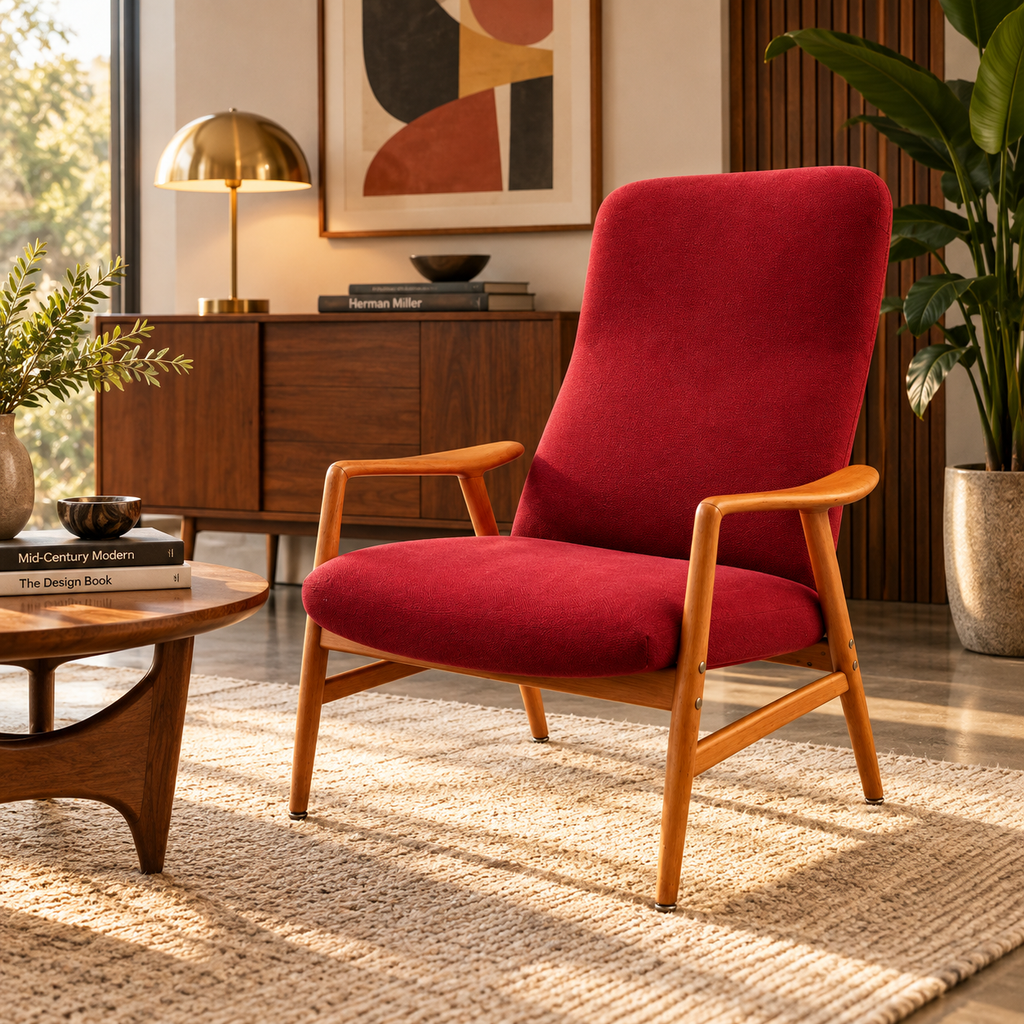 Mid-Century swedish Modern Oak Reclining Lounge Chair with Original Red Upholstery, c. 1960s