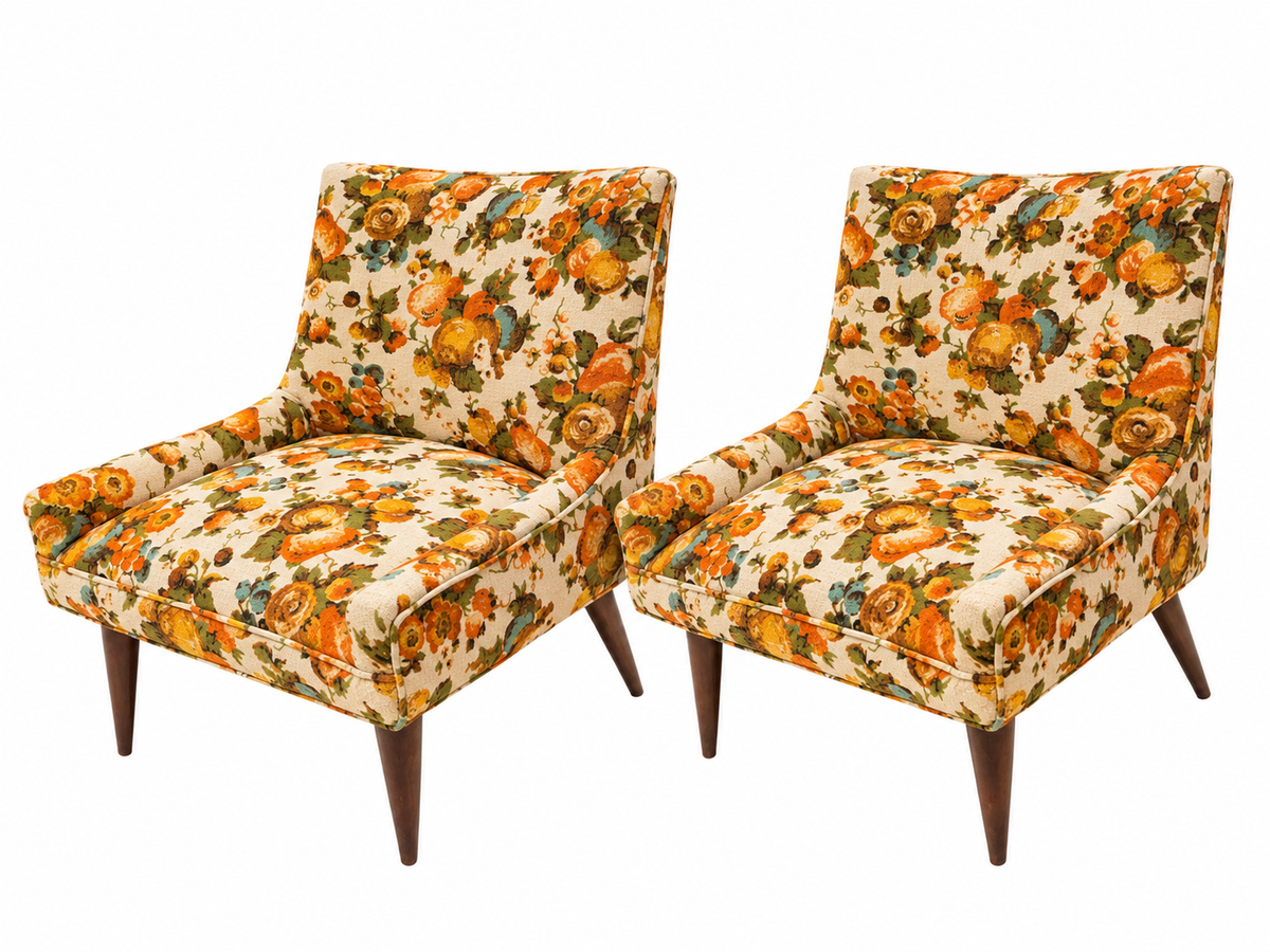 Pair of Mid-Century Modern Floral Lounge Chairs with Tapered Walnut Legs, 1960s