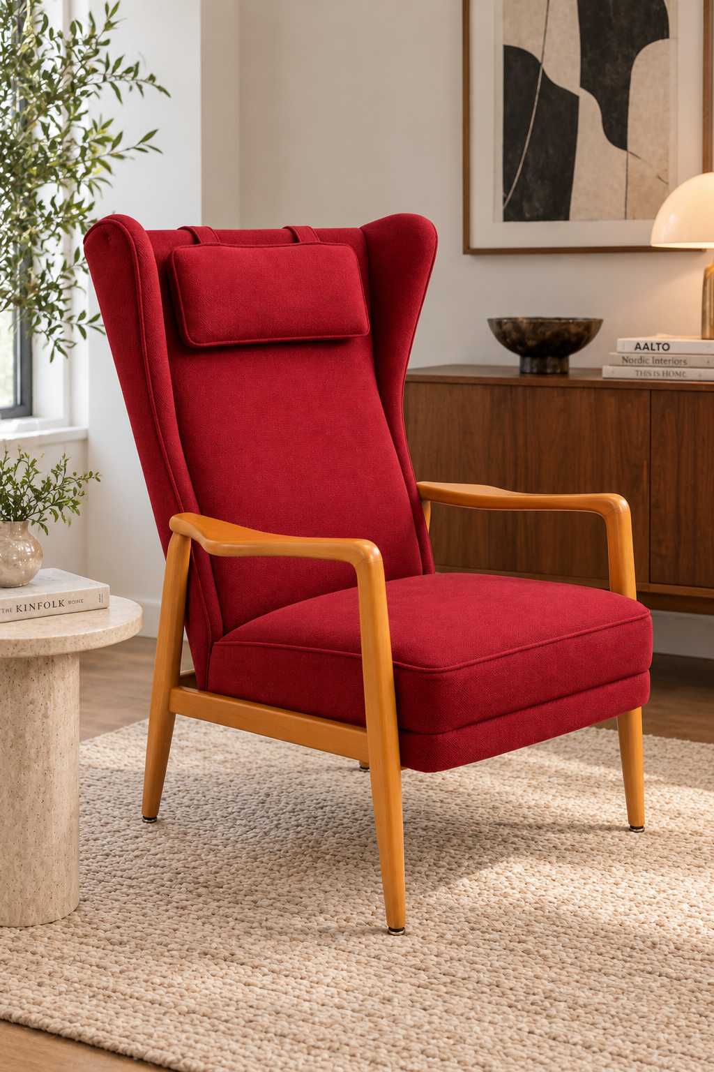 Mid-Century 1960s Scandinavian Modern High-Back Wing Lounge Chair – Original Red Upholstery & Sculpted Wood Arms