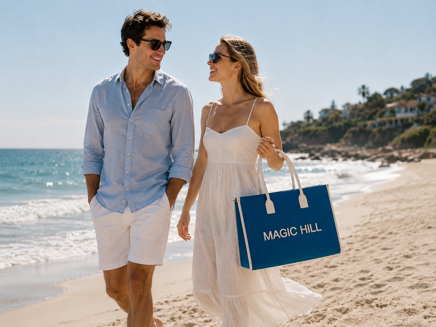 MAGIC HILL™ Bright Blue Canvas Tote Bag – Leather Handles & Silk-Lined Interior